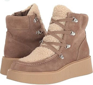 Dolce Vita Truffle Jasmin Cozycore Sherpa Platform Ankle Boots Tan Suede SZ 7.5y